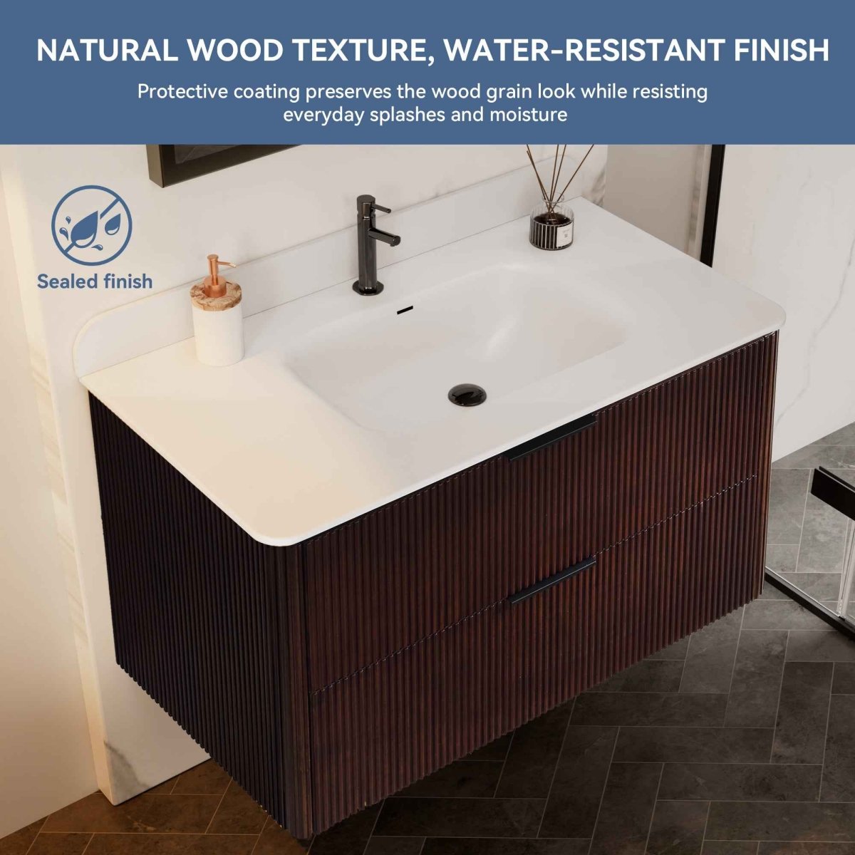 36 inch Floating Bathroom Vanity with Sink, Pre-Assembled, Wall Mounted Plywood Bathroom Storage Cabinet with Safety Rounded,Large Soft-Close Fluted Drawers & Metal Handles