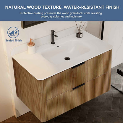 36 inch Floating Bathroom Vanity with Sink, Pre-Assembled, Wall Mounted Plywood Bathroom Storage Cabinet with Safety Rounded,Large Soft-Close Fluted Drawers & Metal Handles