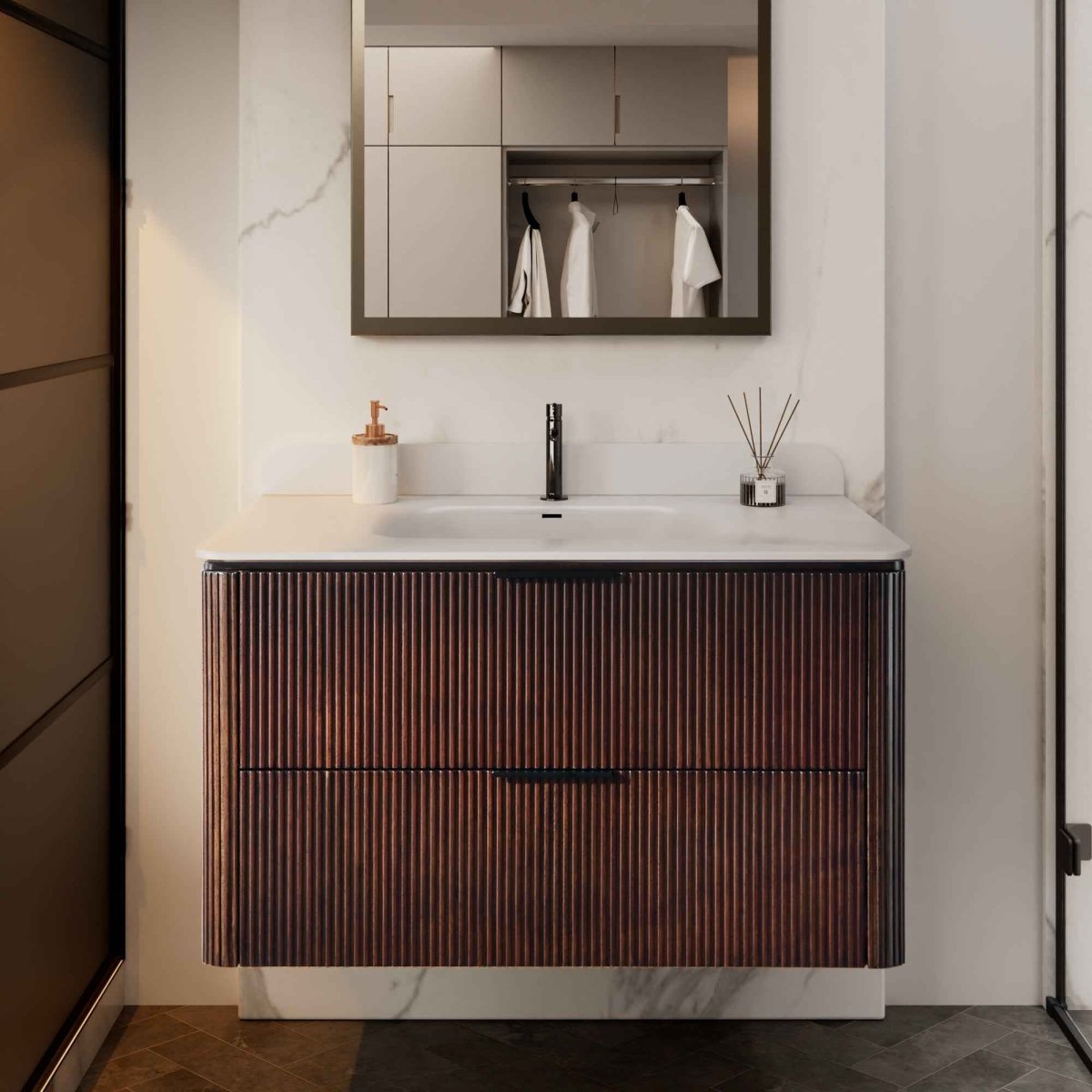 36 inch Floating Bathroom Vanity with Sink, Pre-Assembled, Wall Mounted Plywood Bathroom Storage Cabinet with Safety Rounded,Large Soft-Close Fluted Drawers & Metal Handles