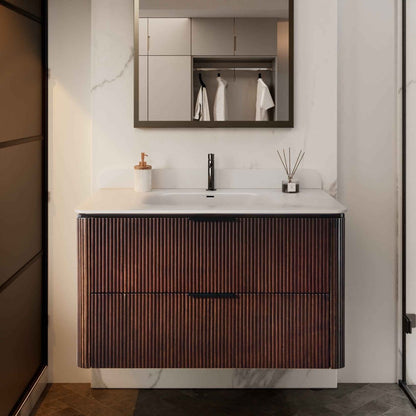 36 inch Floating Bathroom Vanity with Sink, Pre-Assembled, Wall Mounted Plywood Bathroom Storage Cabinet with Safety Rounded,Large Soft-Close Fluted Drawers & Metal Handles