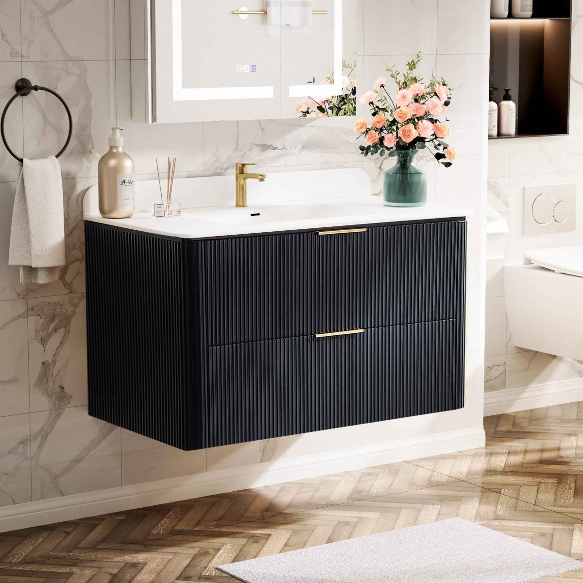 36 inch Floating Bathroom Vanity with Sink, Pre-Assembled, Wall Mounted Plywood Bathroom Storage Cabinet with Safety Rounded,Large Soft-Close Fluted Drawers & Metal Handles