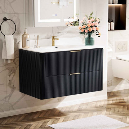 36 inch Floating Bathroom Vanity with Sink, Pre-Assembled, Wall Mounted Plywood Bathroom Storage Cabinet with Safety Rounded,Large Soft-Close Fluted Drawers & Metal Handles