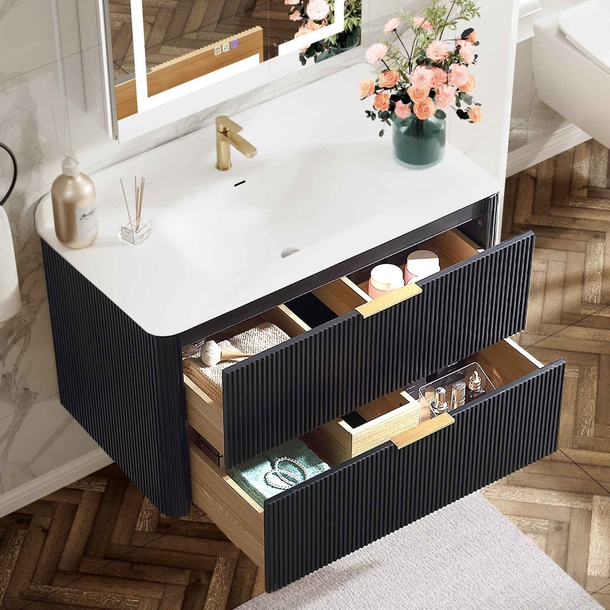 36 inch Floating Bathroom Vanity with Sink, Pre-Assembled, Wall Mounted Plywood Bathroom Storage Cabinet with Safety Rounded,Large Soft-Close Fluted Drawers & Metal Handles