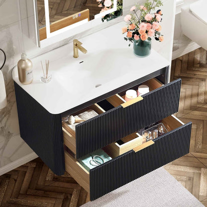 36 inch Floating Bathroom Vanity with Sink, Pre-Assembled, Wall Mounted Plywood Bathroom Storage Cabinet with Safety Rounded,Large Soft-Close Fluted Drawers & Metal Handles