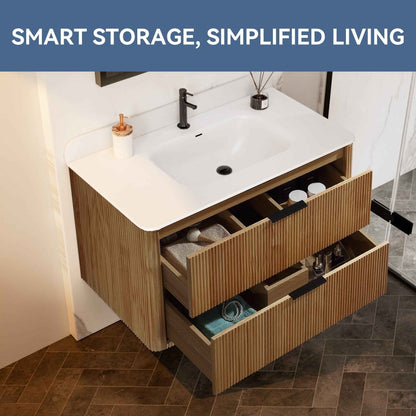 36 inch Floating Bathroom Vanity with Sink, Pre-Assembled, Wall Mounted Plywood Bathroom Storage Cabinet with Safety Rounded,Large Soft-Close Fluted Drawers & Metal Handles