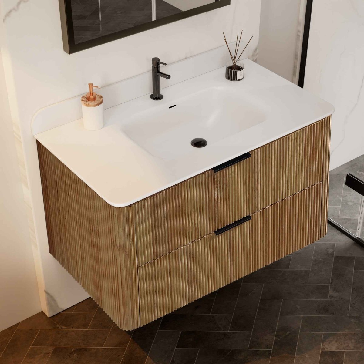 36 inch Floating Bathroom Vanity with Sink, Pre-Assembled, Wall Mounted Plywood Bathroom Storage Cabinet with Safety Rounded,Large Soft-Close Fluted Drawers & Metal Handles