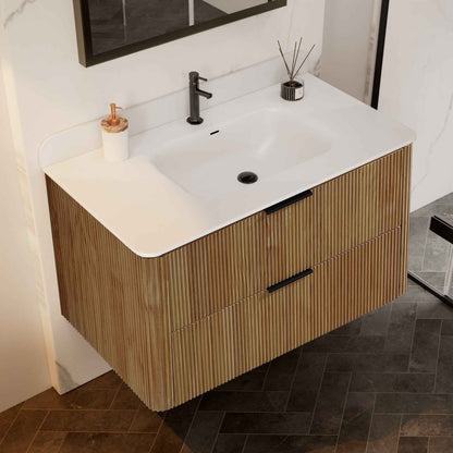 36 inch Floating Bathroom Vanity with Sink, Pre-Assembled, Wall Mounted Plywood Bathroom Storage Cabinet with Safety Rounded,Large Soft-Close Fluted Drawers & Metal Handles