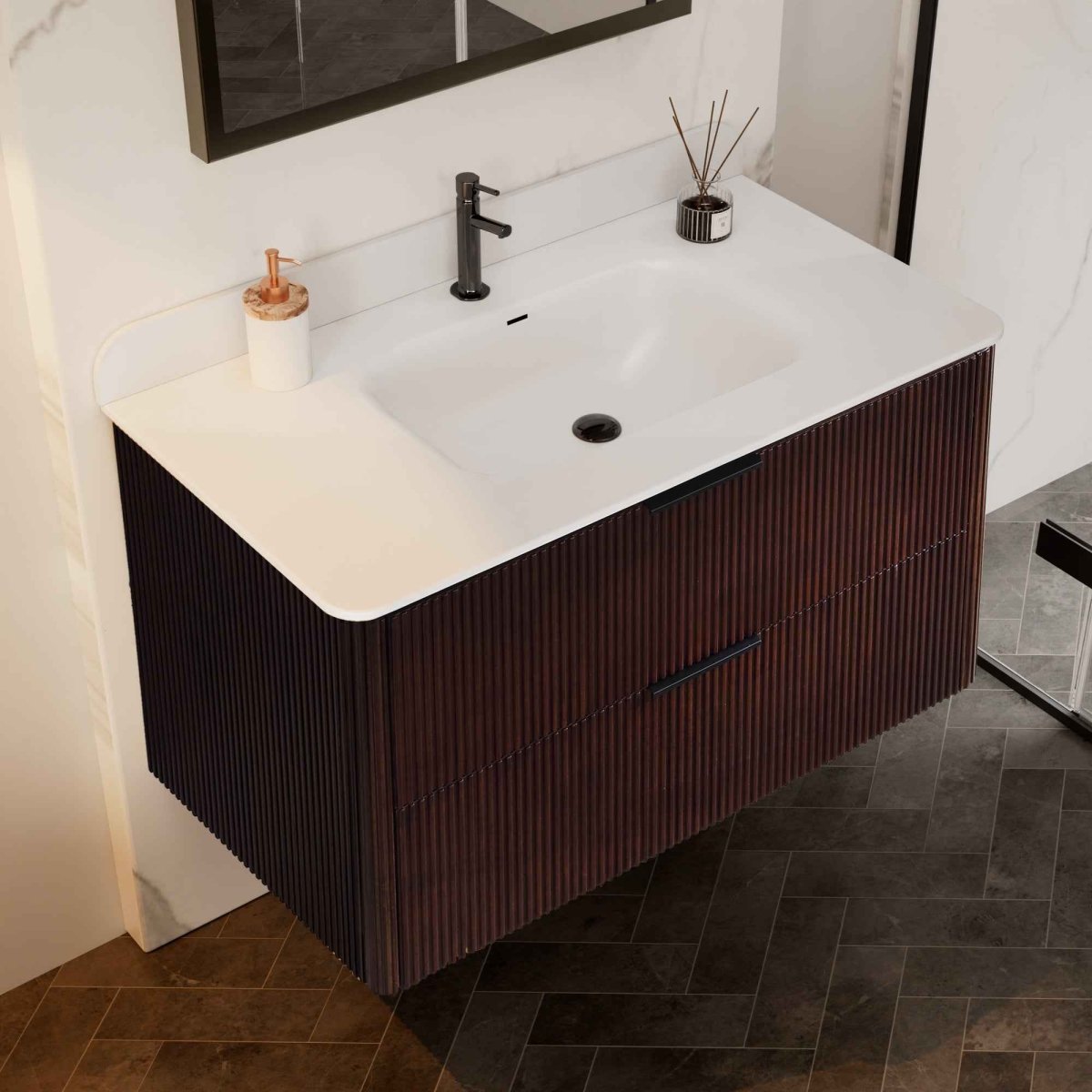 36 inch Floating Bathroom Vanity with Sink, Pre-Assembled, Wall Mounted Plywood Bathroom Storage Cabinet with Safety Rounded,Large Soft-Close Fluted Drawers & Metal Handles