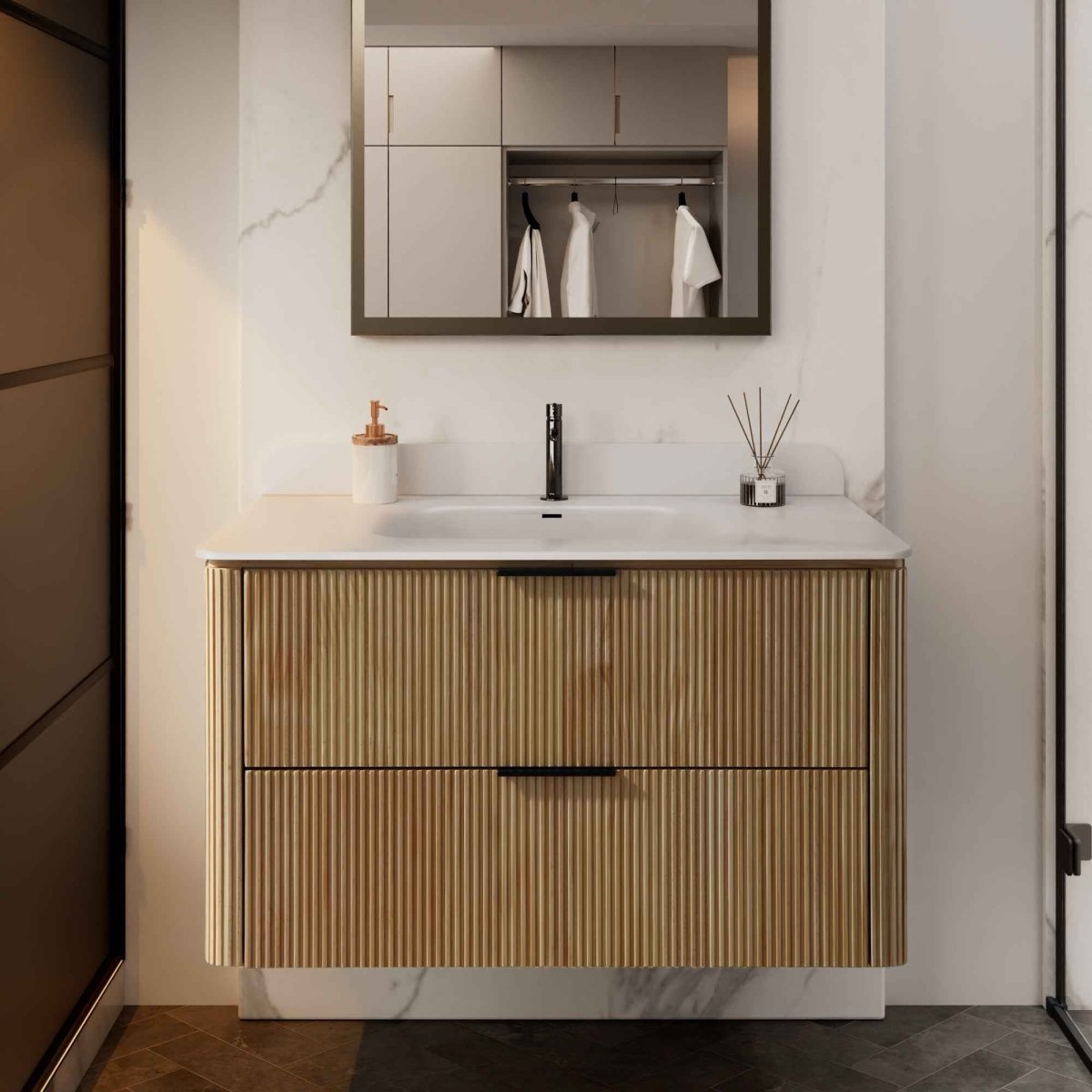 36 inch Floating Bathroom Vanity with Sink, Pre-Assembled, Wall Mounted Plywood Bathroom Storage Cabinet with Safety Rounded,Large Soft-Close Fluted Drawers & Metal Handles