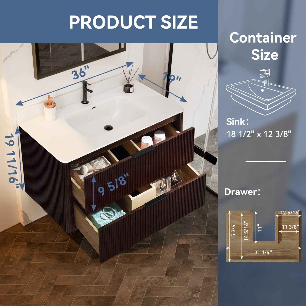 36 inch Floating Bathroom Vanity with Sink, Pre-Assembled, Wall Mounted Plywood Bathroom Storage Cabinet with Safety Rounded,Large Soft-Close Fluted Drawers & Metal Handles