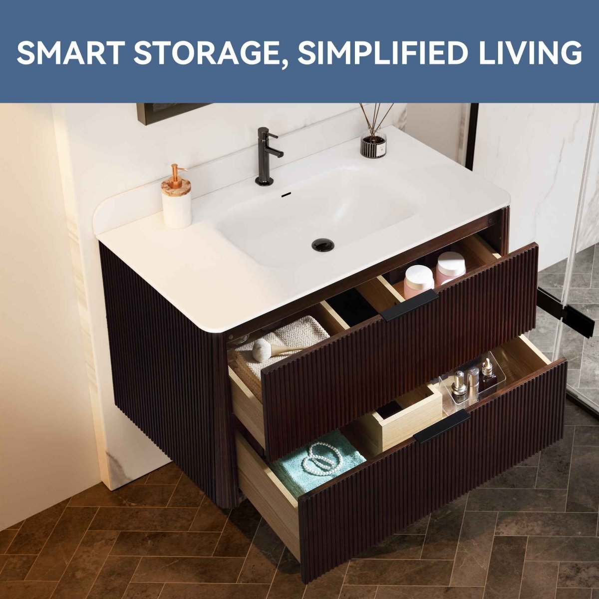 36 inch Floating Bathroom Vanity with Sink, Pre-Assembled, Wall Mounted Plywood Bathroom Storage Cabinet with Safety Rounded,Large Soft-Close Fluted Drawers & Metal Handles
