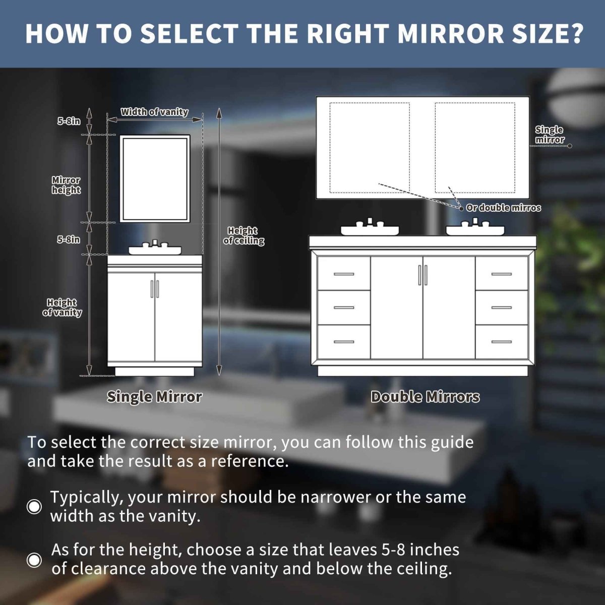 Bathroom vanity setup with mirror size guide and measurements.