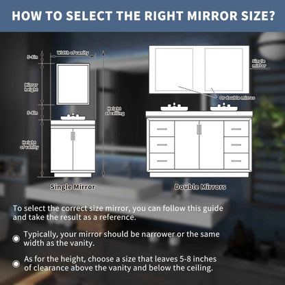 Bathroom vanity setup with mirror size guide and measurements.