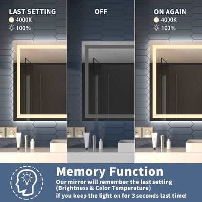 Three side-by-side panels demonstrate a smart bathroom mirror's memory function, showing the light turned on in two different states: 'Last Setting' at 4000K and 'On Again' at 4000K. The panels show the mirror illuminated with a warm beige frame glow against a dark blue-gray hexagonal tiled wall.