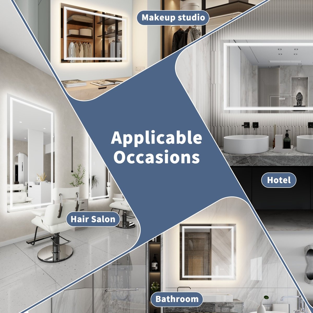 Collage of bathroom, hair salon, and makeup studio with text indicating applicable occasions.