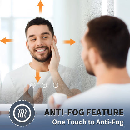 Person using a product to clear fog from a mirror with text 'Anti-Fog Feature' and 'One Touch to Anti-Fog'.