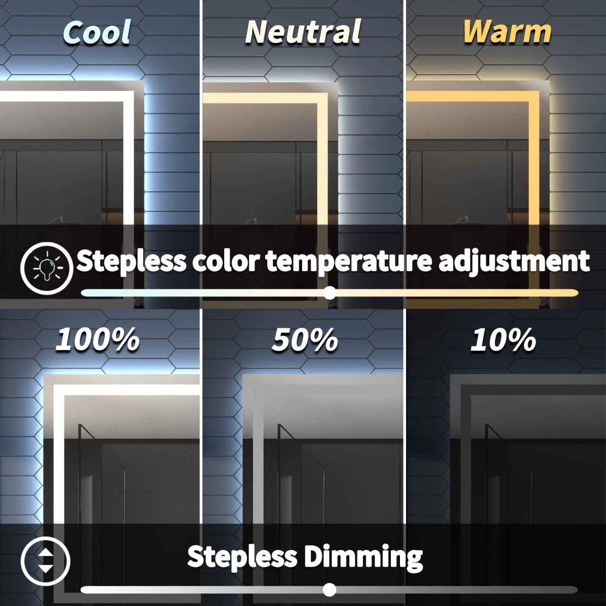 Stepless color temperature adjustment and dimming control on a screen.