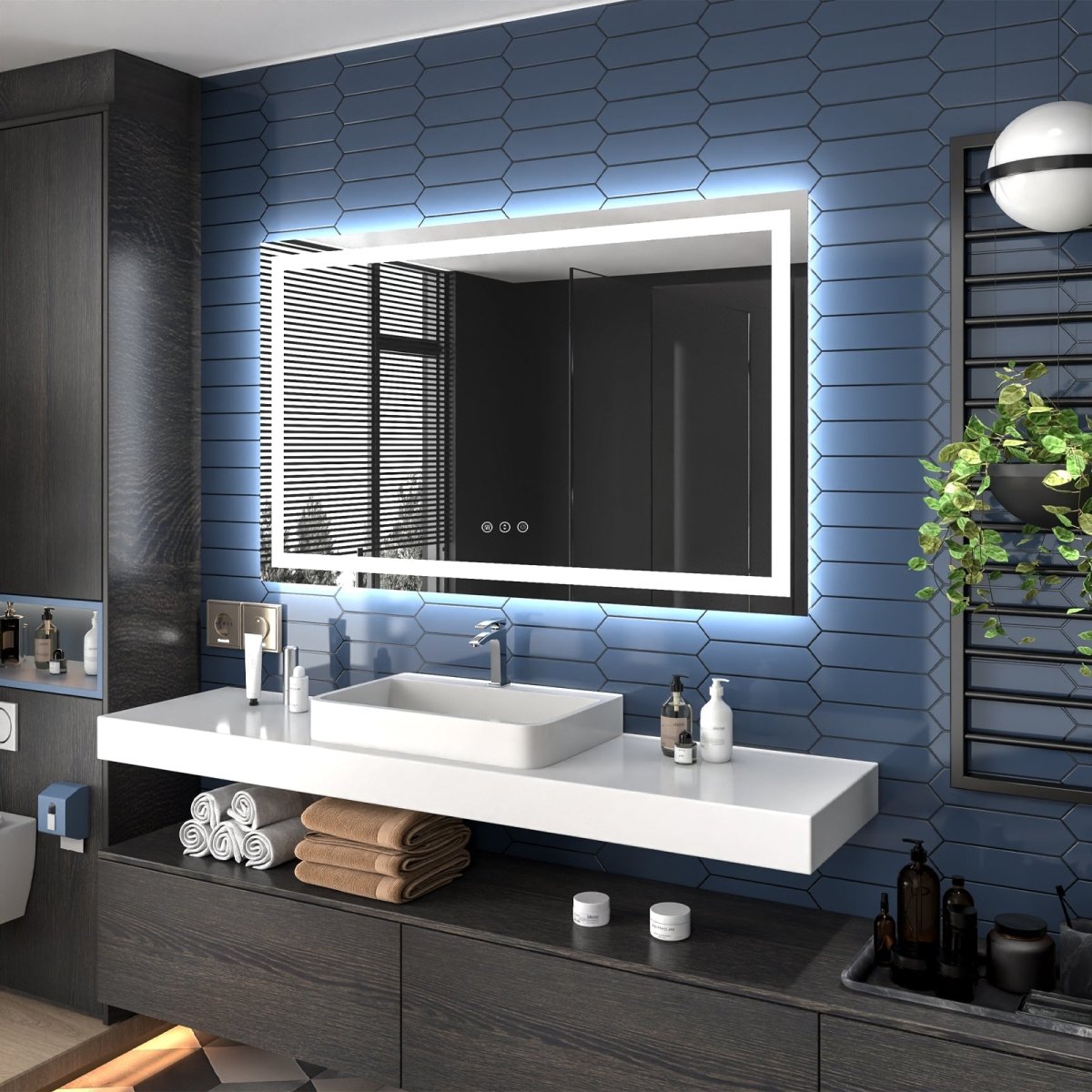 Modern bathroom with a sink, mirror, and decorative elements.