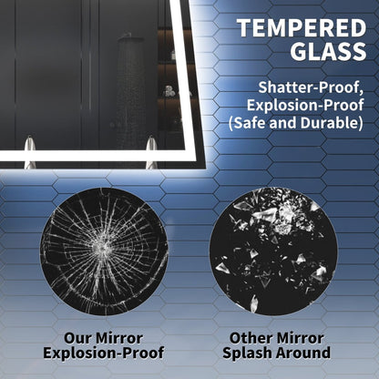 Advertisement for tempered glass mirror showing shatter-proof and explosion-proof features.