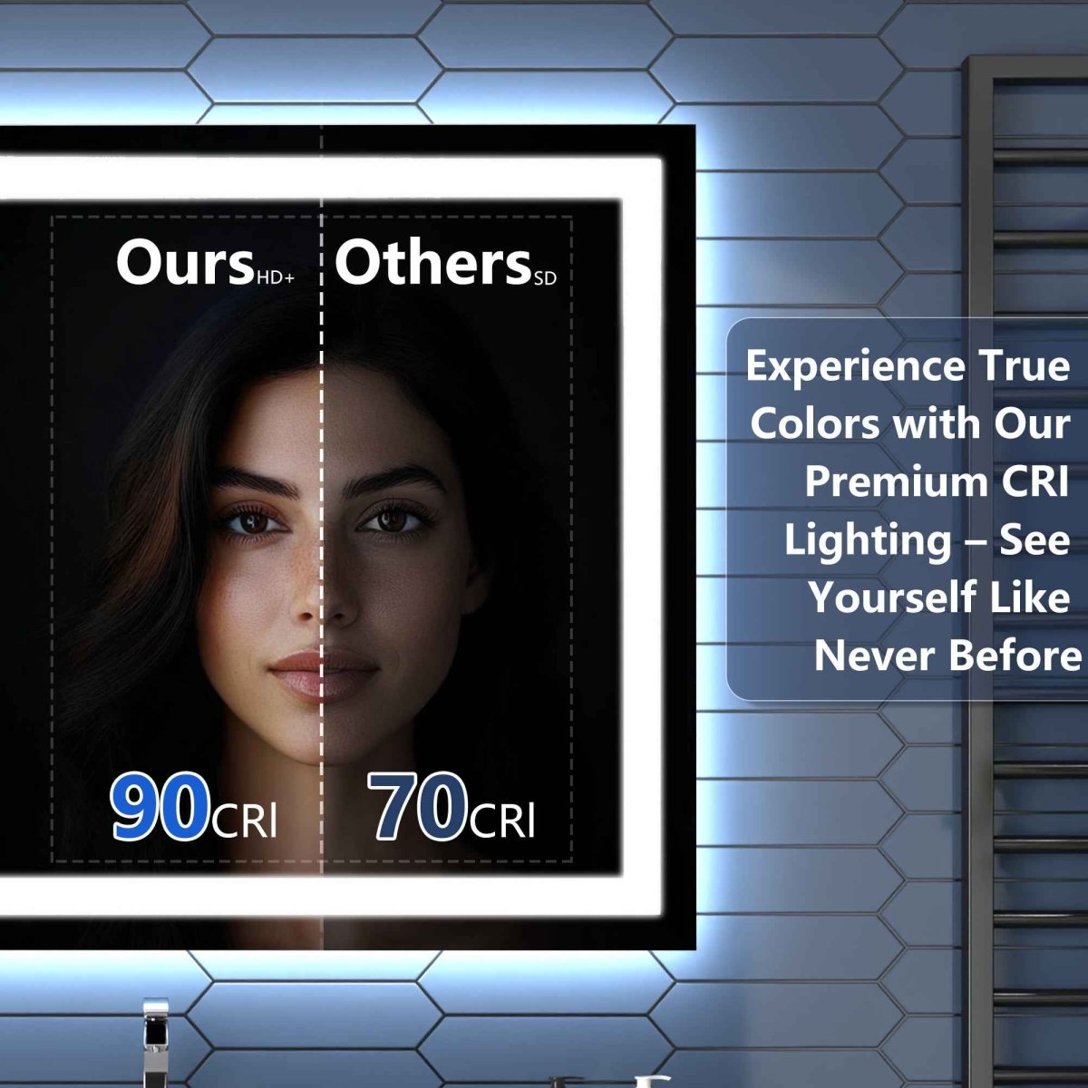 A comparison graphic showing a woman's face split down the middle, with text reading 'Ours HD+' and 'Others SD', '90 CRI', and '70 CRI'. The frame is displayed against a blue-lit hexagonal wall with promotional text on the right.