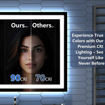 A comparison graphic showing a woman's face split down the middle, with text reading 'Ours HD+' and 'Others SD', '90 CRI', and '70 CRI'. The frame is displayed against a blue-lit hexagonal wall with promotional text on the right.