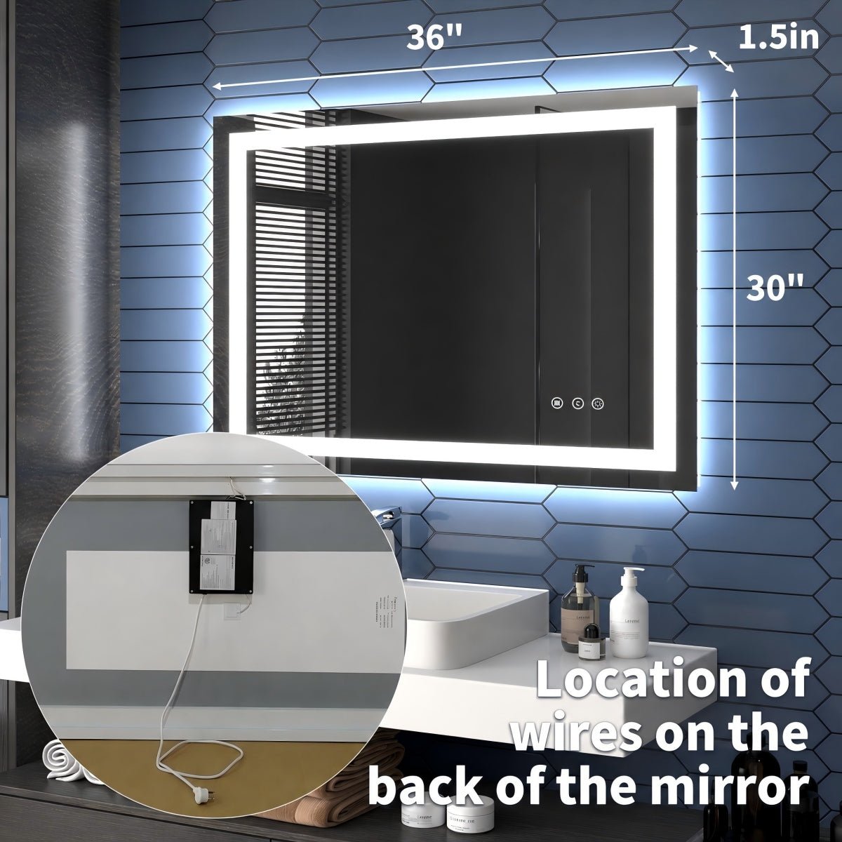 36" W x 30" H LED Heated Bathroom Mirror,Anti Fog,Dimmable,Dual Lighting Mode,Tempered Glass|Apex