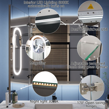 Bathroom mirror cabinet with lights featuring LED lighting, magnifiers, dual USB outlets, adjustable shelves, and open swing hinges.