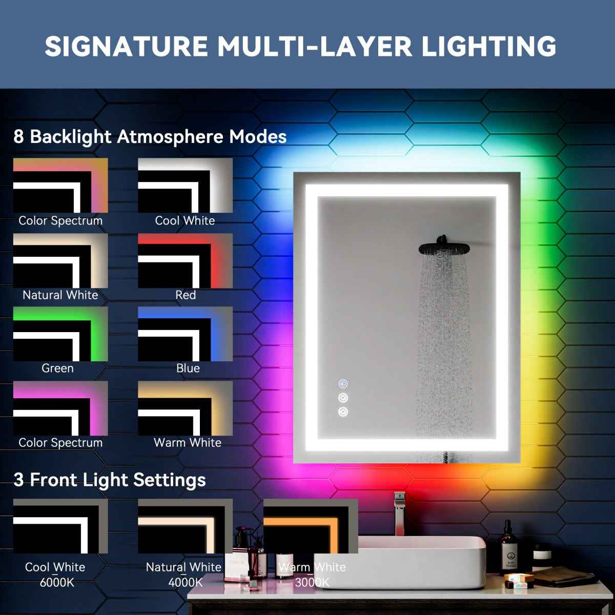 36"x 28" RGB Smart LED Bathroom Mirror–Color Changing Backlit Mirror with Anti-Fog & Dimmable Touch Control|Exbrite DYLUX