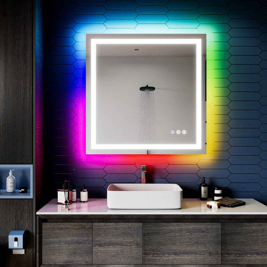36"x 36" RGB Smart LED Wall Mirror – Color Changing Backlit Mirror with Anti-Fog & Dimmable Touch Control | Exbrite DYLUX
