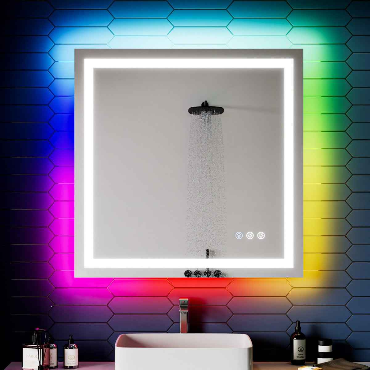 36"x 36" RGB Smart LED Bathroom Mirror–Color Changing Backlit Mirror with Anti-Fog & Dimmable Touch Control|Exbrite DYLUX