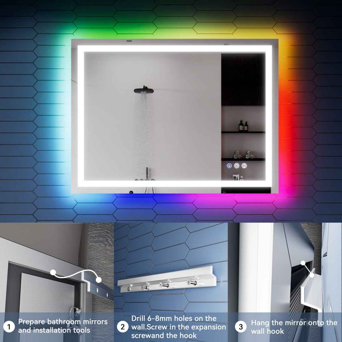 36"x 48" RGB Smart LED Bathroom Mirror–Color Changing Backlit Mirror with Anti-Fog & Dimmable Touch Control|Exbrite DYLUX