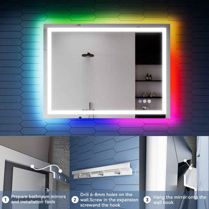 36"x 48" RGB Smart LED Bathroom Mirror–Color Changing Backlit Mirror with Anti-Fog & Dimmable Touch Control|Exbrite DYLUX