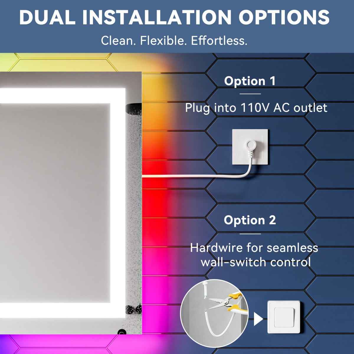 36"x 48" RGB Smart LED Bathroom Mirror–Color Changing Backlit Mirror with Anti-Fog & Dimmable Touch Control|Exbrite DYLUX