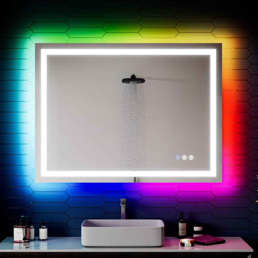 36"x 48" RGB Smart LED Bathroom Mirror with Color Changing Backlit, Anti-Fog & Dimmable Touch Control - Exbrite DYLUX Mirror LED Lights