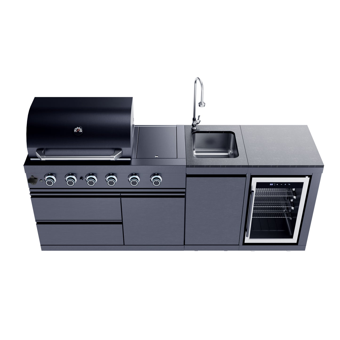 Outdoor Kitchen Island 85.2 Inch 4+1 Burner Propane Gas BBQ Grill 71500 BTU 304 Stainless Steel Black Color With CSA, ETL Certification + Sink + Refrigerator