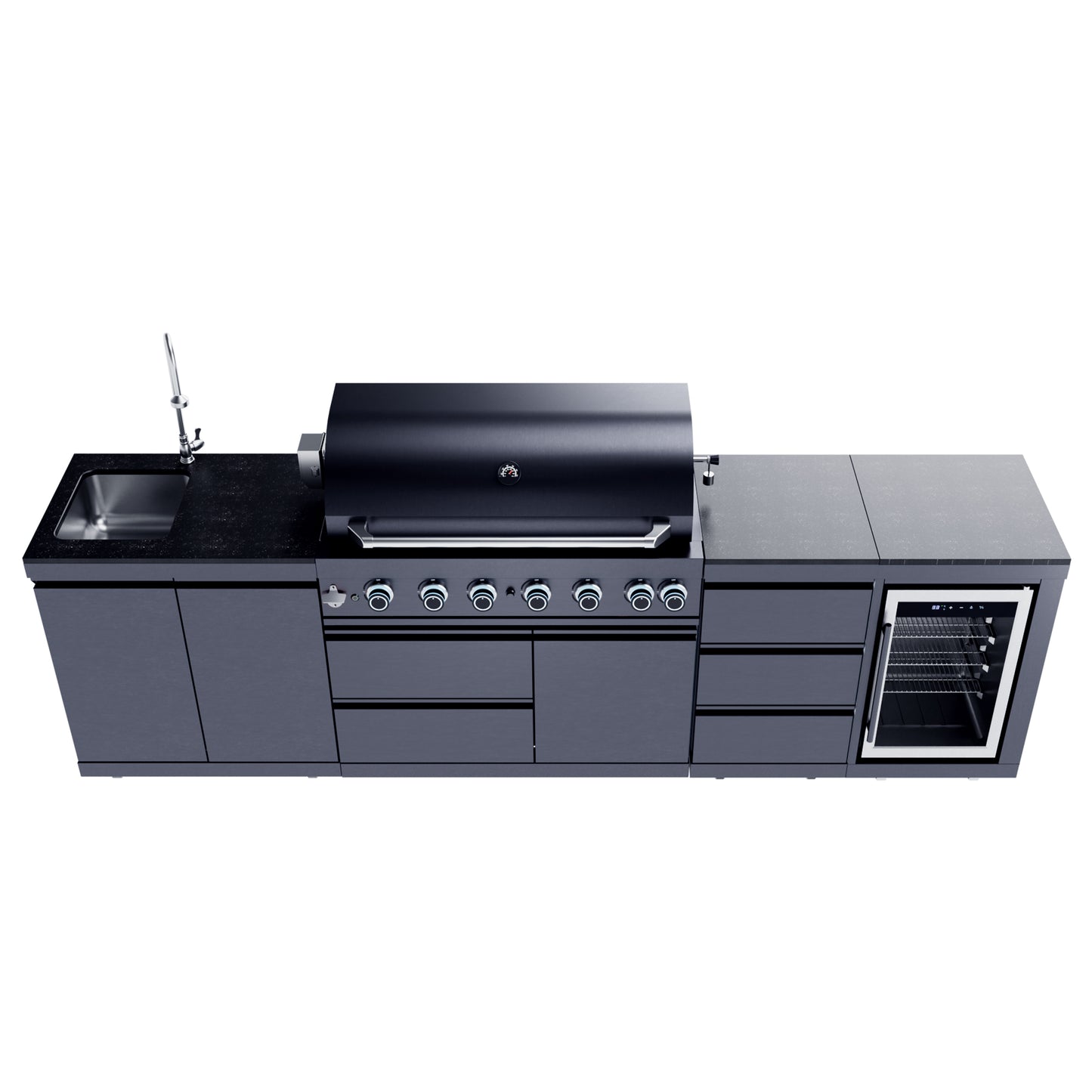 Outdoor Kitchen Island 114 Inch 6 Burner Propane Gas BBQ Grill 83500 BTU 304 Stainless Steel Black Color With CSA, ETL Certification + Sink + Refrigerator