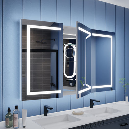 Bathroom vanity with illuminated mirrors and blue wall panels.