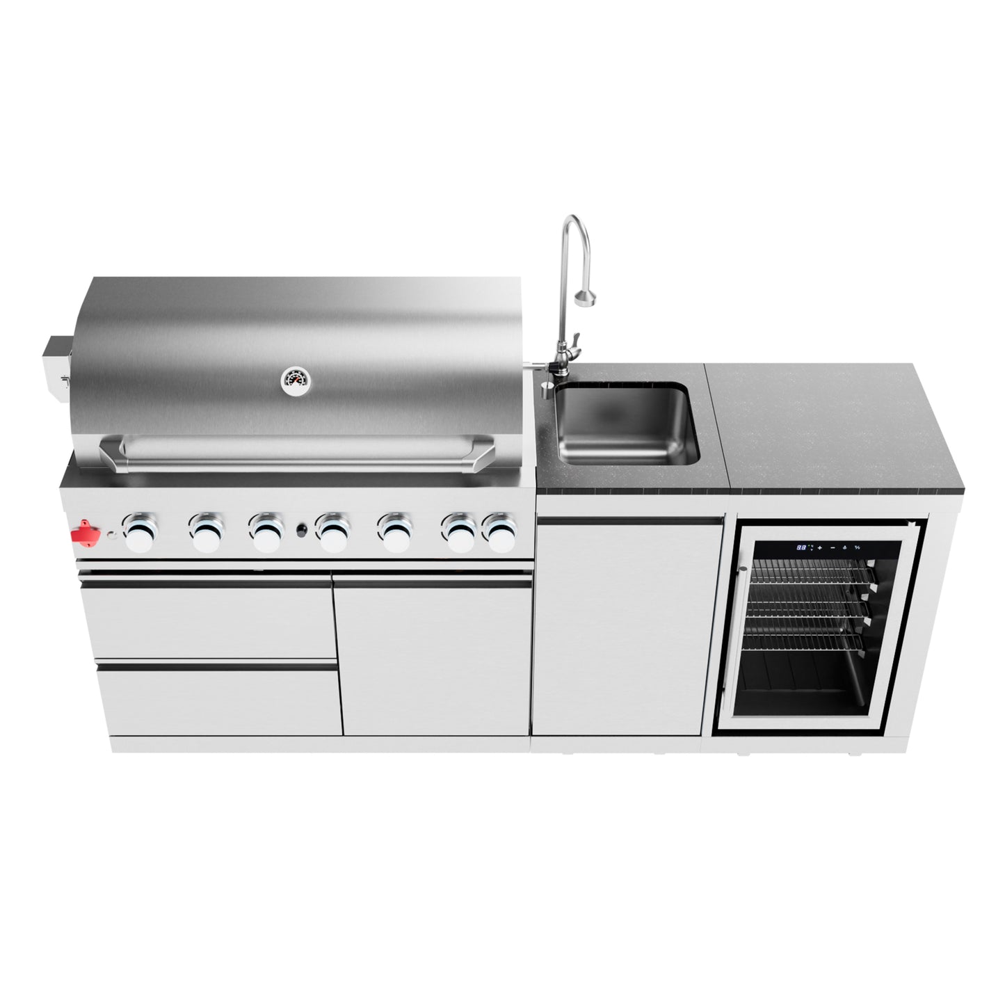 Outdoor Kitchen Island 82.5 Inch 6 Burner Propane Gas BBQ Grill 83500 BTU 304 Stainless Steel Silver Color With CSA, ETL Certification + Sink + Refrigerator