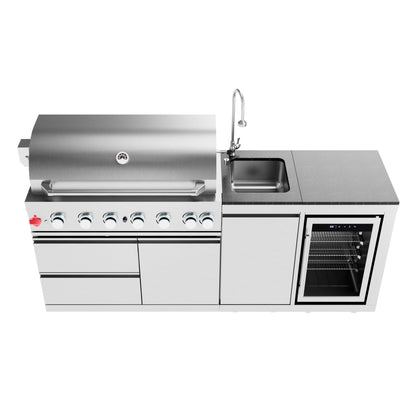 Outdoor Kitchen Island 82.5 Inch 6 Burner Propane Gas BBQ Grill 83500 BTU 304 Stainless Steel Silver Color With CSA, ETL Certification + Sink + Refrigerator