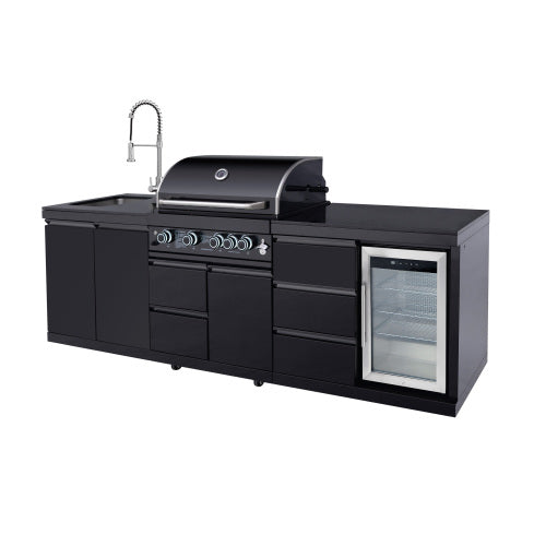Outdoor Kitchen Island 102.4 Inch 4 Burner Propane Gas BBQ Grill 59500 BTU 304 Stainless Steel Black Color With CSA, ETL Certification + Sink + Refrigerator
