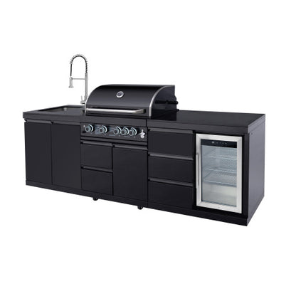 Outdoor Kitchen Island 102.4 Inch 4 Burner Propane Gas BBQ Grill 59500 BTU 304 Stainless Steel Black Color With CSA, ETL Certification + Sink + Refrigerator