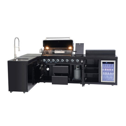 Outdoor Kitchen Island 95.8 Inch 6+1 Burner Propane Gas BBQ Grill 95500 BTU 304 Stainless Steel Black Color With CSA, ETL Certification + Sink + Refrigerator + Bar Table