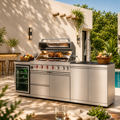 43-Inch 6-Burner 85000 BTU Deluxe Stainless Steel Gas Outdoor Kitchen Bar Barbecue Island Grill  + Wine Cooler Compact Refrigerator + Rotisserie + Granite Countertops + Storage Cabinets & Drawers