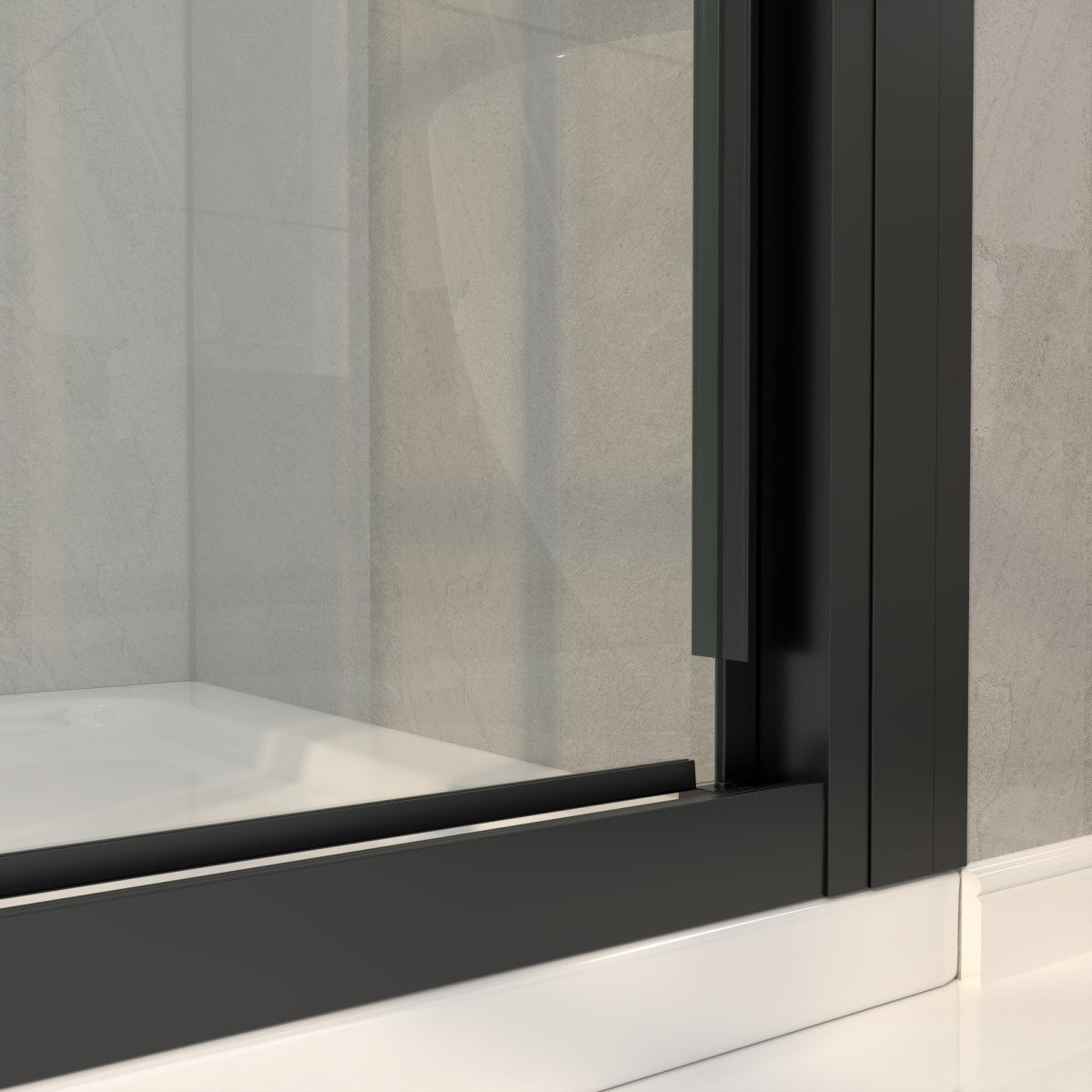 Close-up of a black-framed glass shower enclosure with a neutral background.