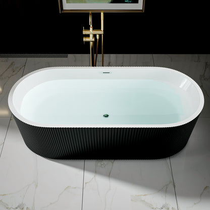 WSP-CH Exbrite 67' Acrylic Freestanding Bathtub, Unique Pleated Design, Glossy Black, Chrome Overflow and Pop-Up Drain, cUPC Certified