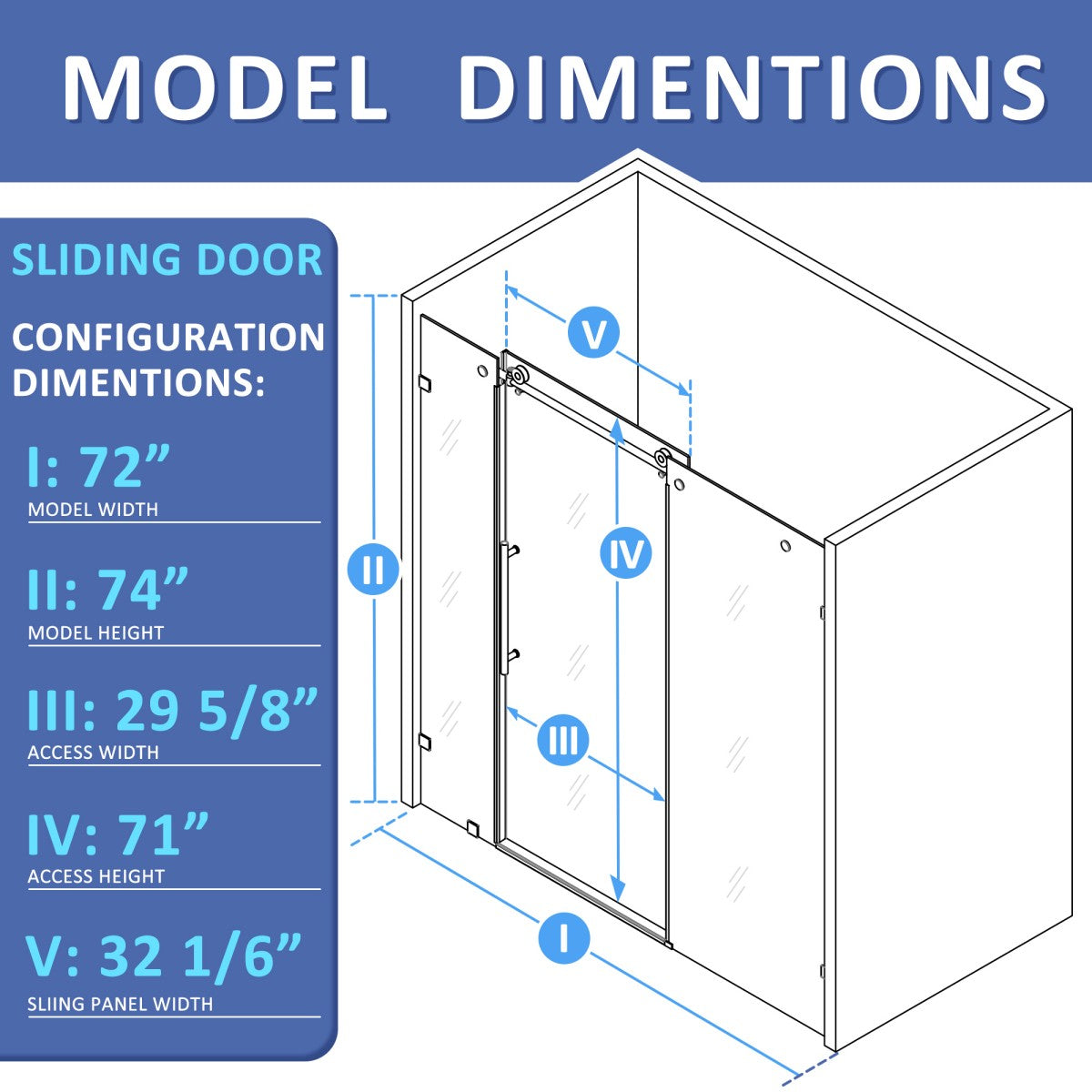 Diagram of a sliding door with labeled dimensions on a blue and white background
