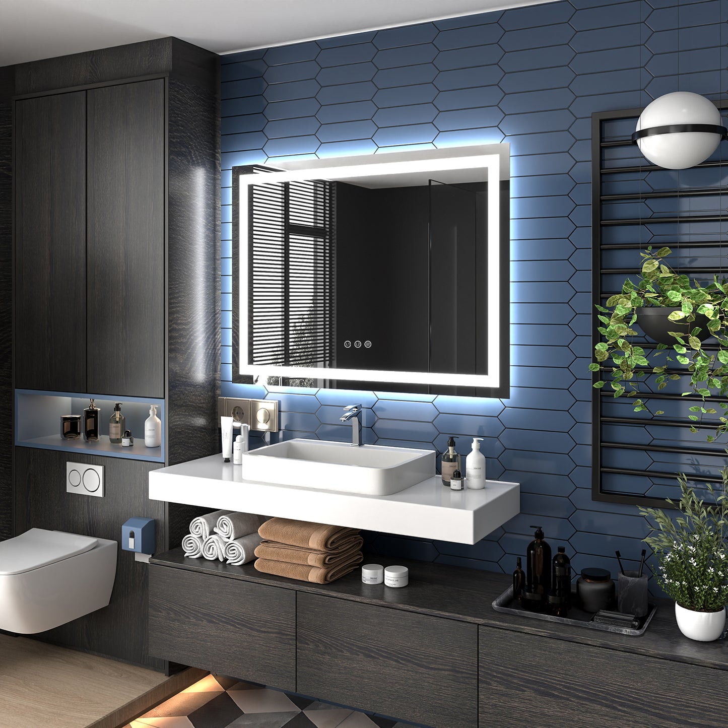 Apex 48" W x 36" H LED Bathroom Light Mirror,Anti Fog,Dimmable,Three Lighting Modes