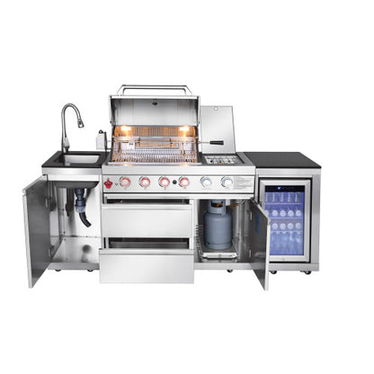 Outdoor Kitchen Island 85.2 Inch 4+1 Burner Propane Gas BBQ Grill 71500 BTU 304 Stainless Steel Silver Color With CSA, ETL Certification + Sink + Refrigerator + Bar Table