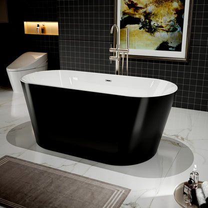 PY Exbrite 59' Acrylic Freestanding Bathtub, Stand Alone Soaking Tub, Glossy Black Acrylic, Toe-tap Chrome Drain, cUPC Certified