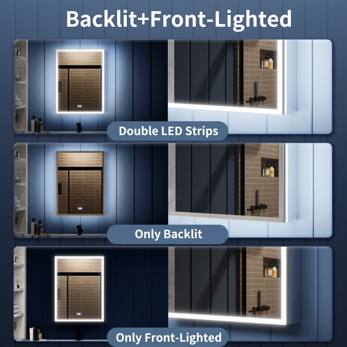 Front, back and dual-light mode comparison for Illusion LED medicine cabinets